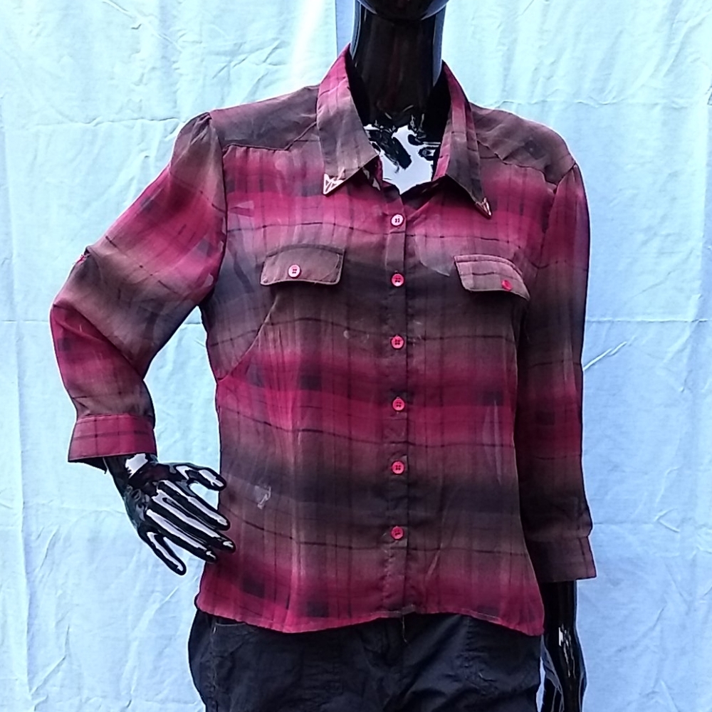 Red plaid semi sheer blouse